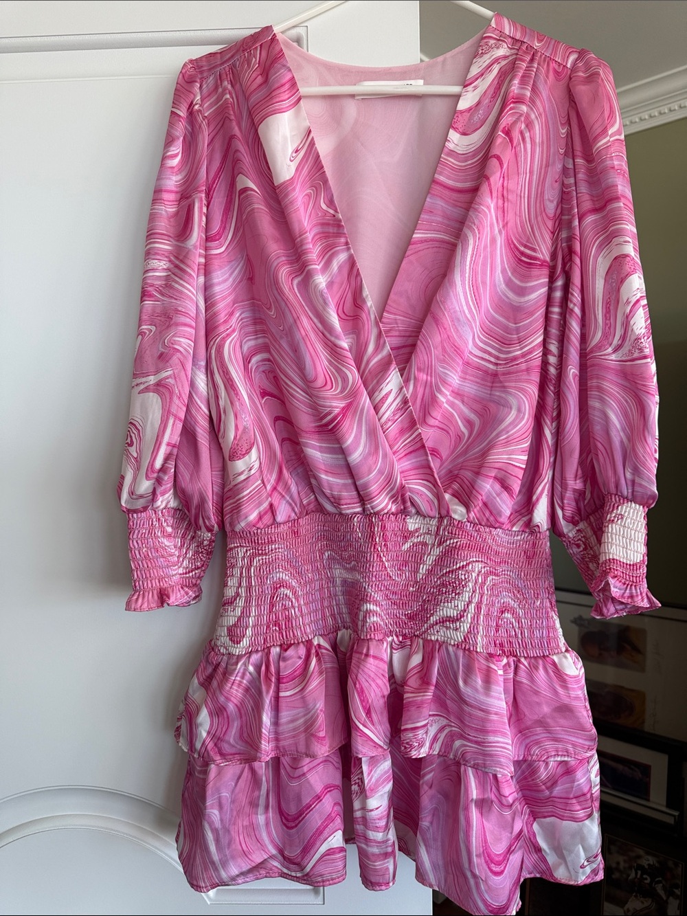 Amanda Uprichard Swirled Pink Marble Wrap Mini Dress